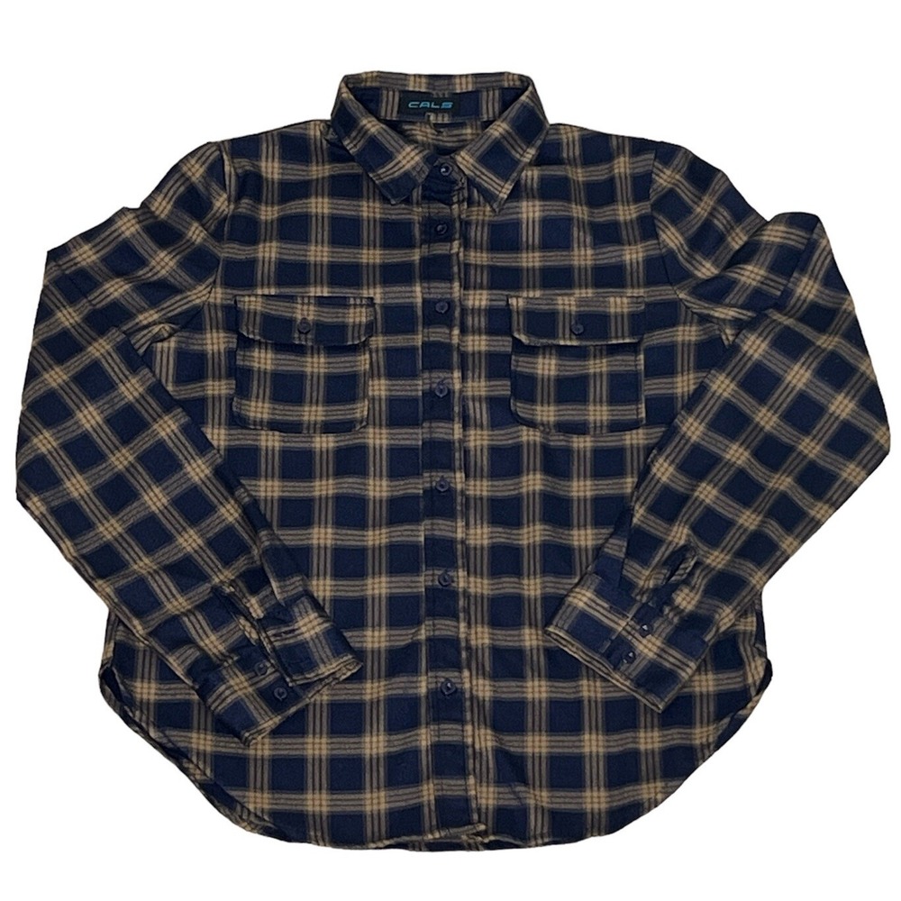 Cals Women's Blue Brown Plaid Button‎ Down Medium